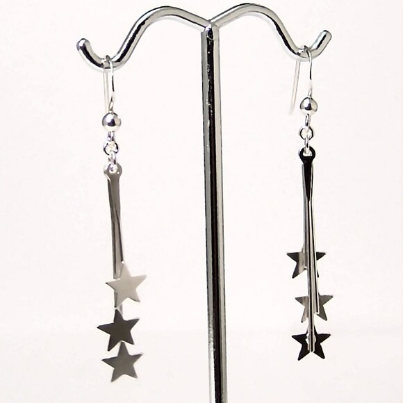 Sterling Silver Triple Star Dangle Earrings French Ear Wires - Picture 2 of 3